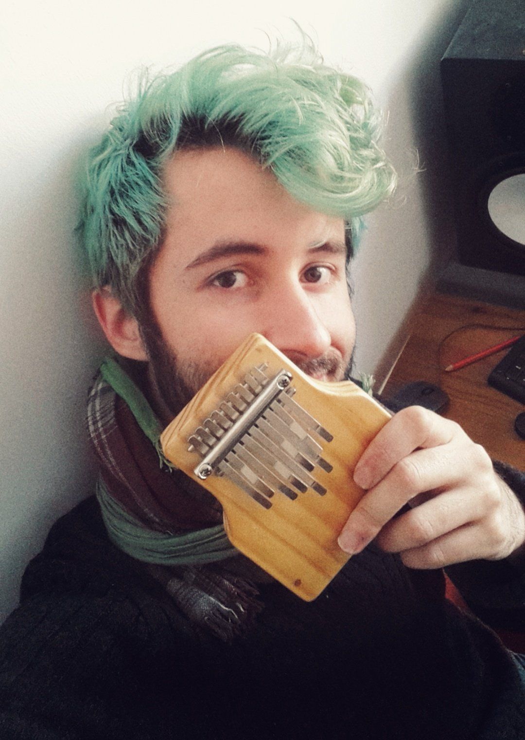 The author of this side holding a musical instrument partially covering his most likely awkward facial expression